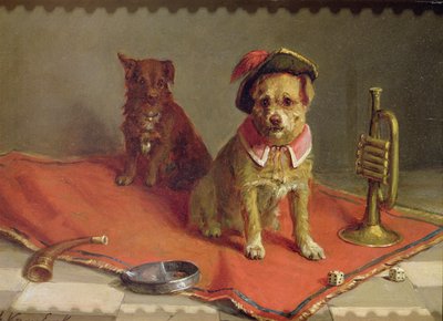 ミリタリーハットとトランペットとサイコロの襟の犬 作： Charles van den Eycken